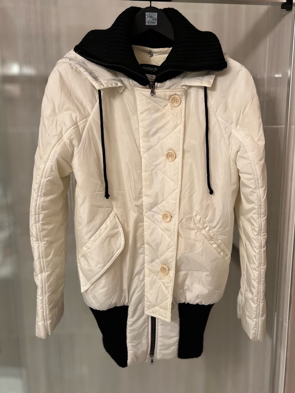 Patrizia Pepe Firenze Made in Italy Ivory Puffer Jacket Knit Collar Hood